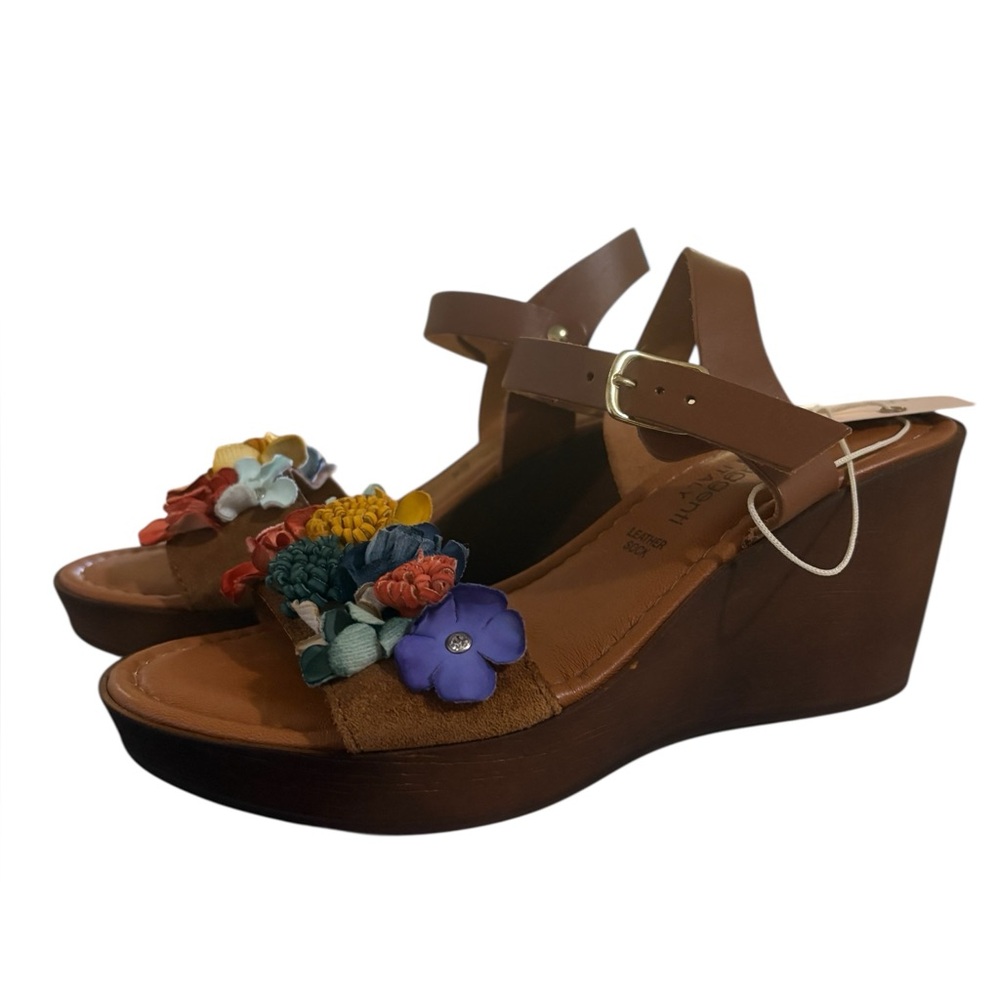 Fabio Maggenti Brown leather Floral Wedge Sandals. Made in Italy Sz 6.5